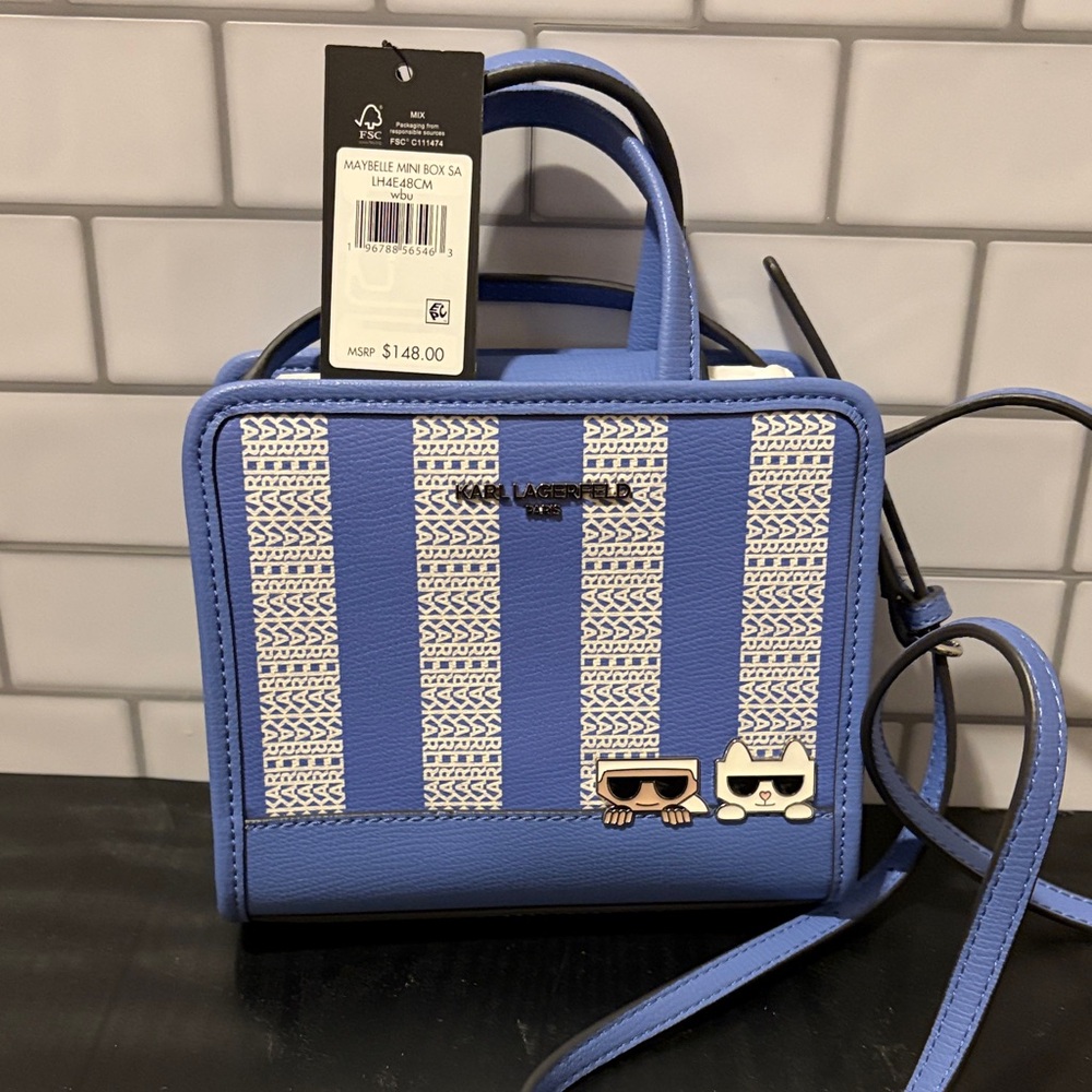 Karl Lagerfeld Blue and White Maybelle Mini Box Crossbody Bag